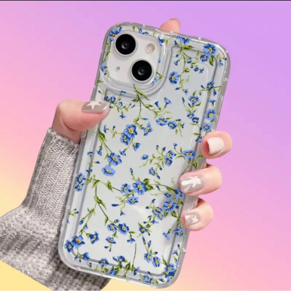 Apple iPhone 16 PRO Phone Case Transparent TPU Flexible Case Tiny Blue Flowers - Picture 4 of 5